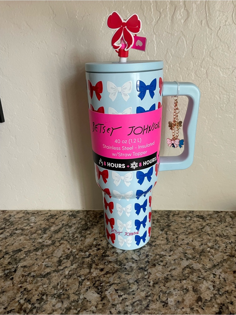 Betsey Johnson Light Blue Tumbler with Red White and Blue Bow Pattern